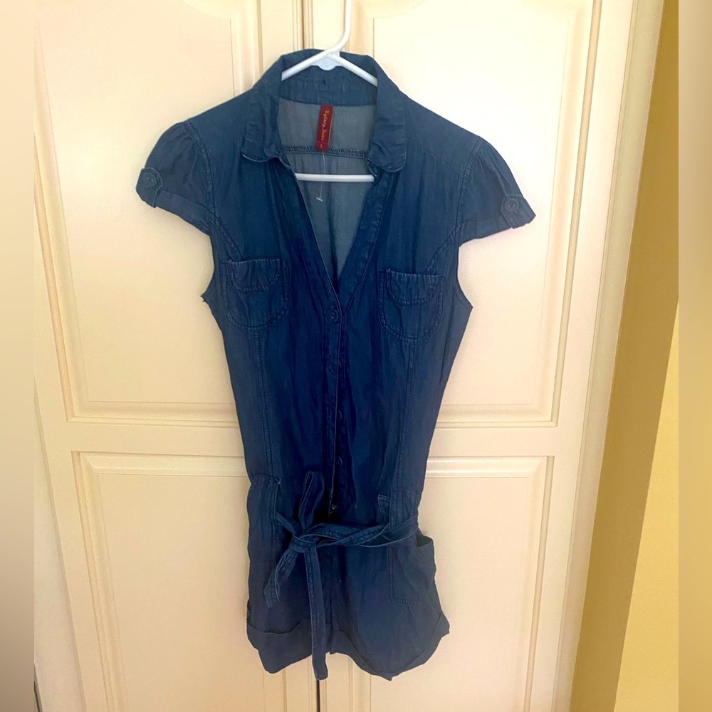 Adorable denim shorts jumpsuit   With wrap belt , size L, never worn